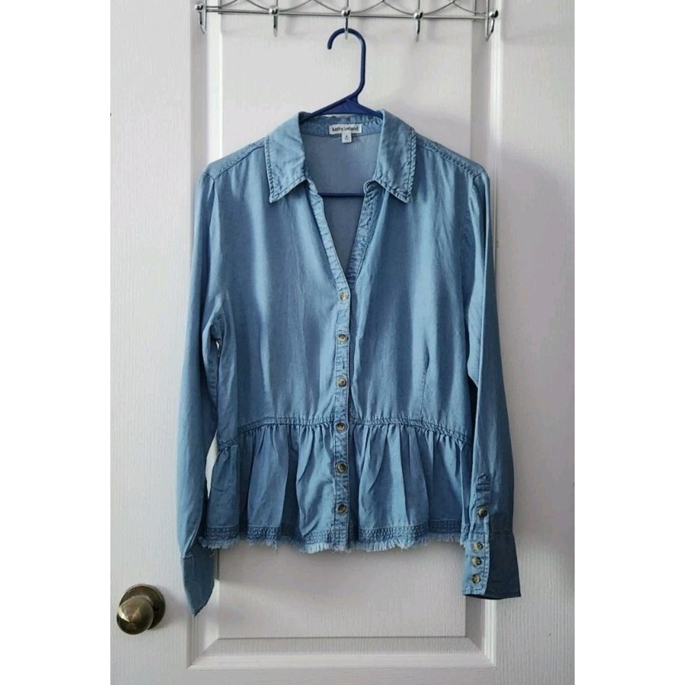 Women's Blouse Collared V-Neck Long Sleeve Blue Button 100% Lyocell Size M